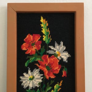 FREE US SHIPPING 70s Vintage Framed Needlepoint / Cross Stitch / Wall Art w Red, White Gray Flowers on a Black Background 7.5 x 18.5 image 3