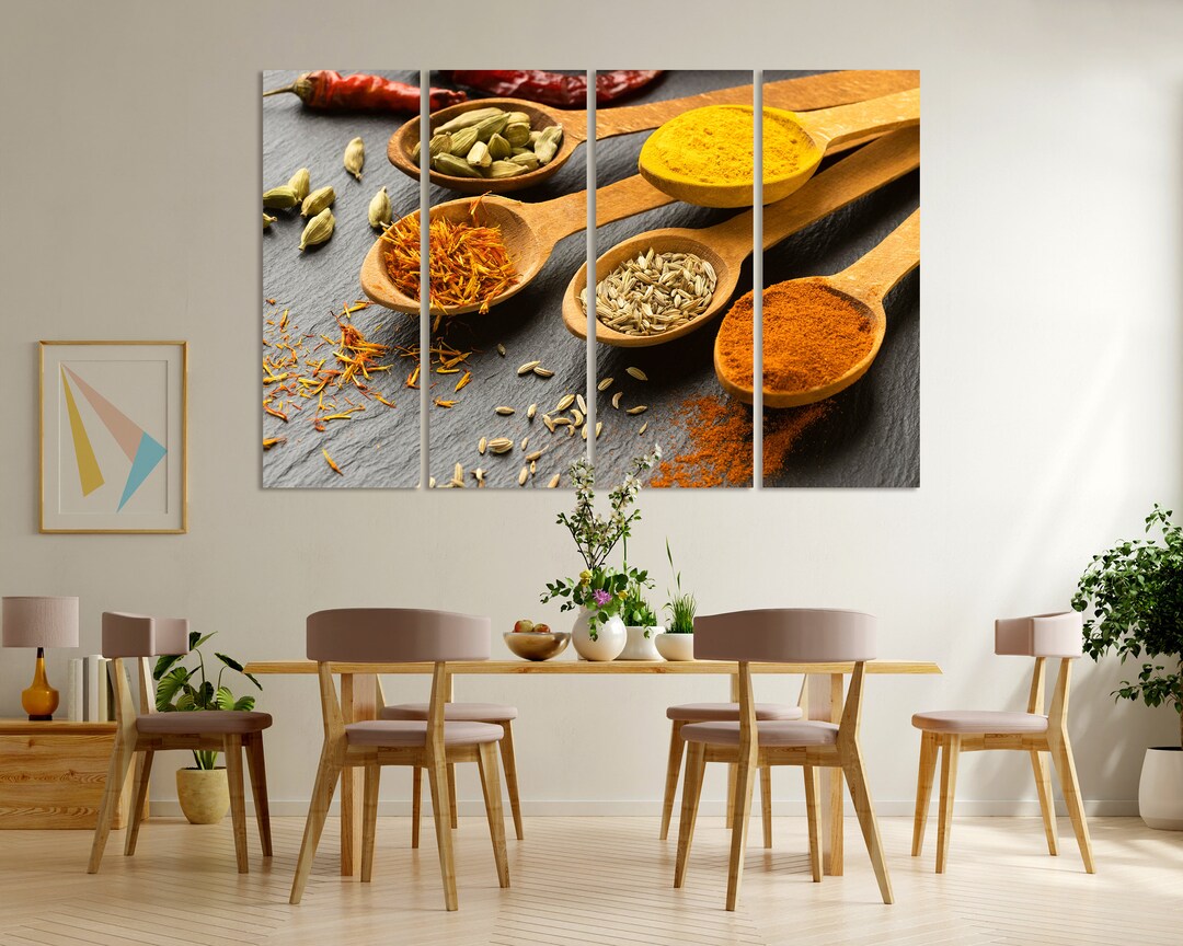 Colorful Spices in Spoons Design Print Art for Kitchen, Spices Modern