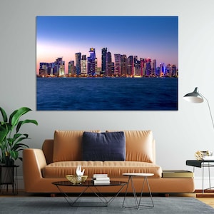 Doha Cityscape at Twilight Print Canvas, Colorful Doha Painting Decor for Home, Doha Photo Print, Qatar Art for Wall, Qatar Travel Art