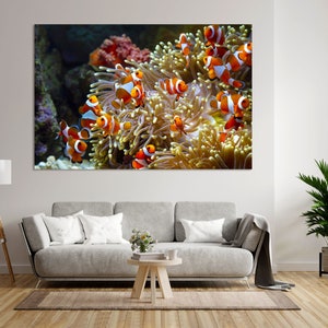 Clownfish Playing on the Coral Reef Painting Art on Canvas, Underwater Life Art for Present, Fish Art Decor for Wall, Nautical Wall Art
