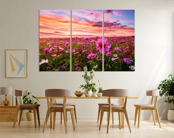 Flower Field Painting Art on Canvas, Landscape in Sunset Print Canvas Sets, Colorful Nature Stylish Artwork for Kitchen, Flowers Decor Wall
