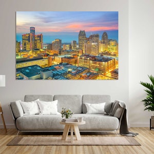 Stampa su tela del centro di Detroit per decorazioni murali, skyline di Detroit nello stato del Michigan, dipinto di paesaggio urbano di Detroit per pareti, arte di Detroit