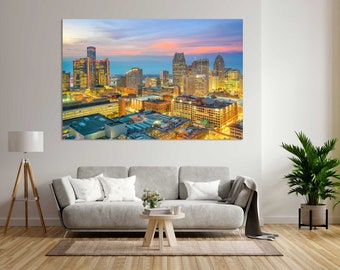 Downtown Detroit Picture Print on Canvas for Wall Decor, Detroit Skyline in Michigan State, Detroit Cityscape Painting for Wall, Detroit Art