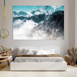 Foggy Mountains Painting Artwork for Wall Mountains Landscape Image Print on Canvas Mountains Art Decor for Room Scenery Art for Interior