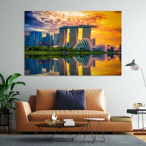 Colorful Singapore Skyline Home Decorations, View on Skyscrapers in Singapore, Singapore Architecture Print Canvas, Singapore Artwork