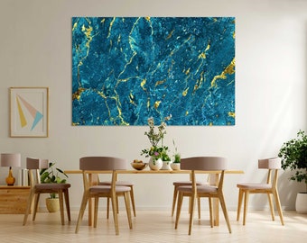 Blue Gold Marble Abstract Canvas Art, Modern Home Decor