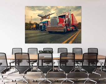 Office Artwork Transportation Canvas Wall Art with Trucks and Airplane