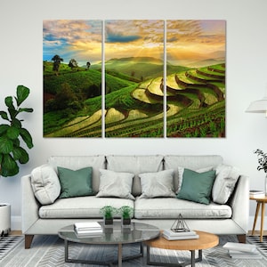 Terraced Rice Field Large Print Art for Wall, Field of Rice Print Canvas, Green Field Original Art for Home, Rice Field for Decor Interior