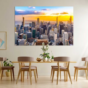 Chicago Skyline at Sunset, Extra Large Canvas Wall Art, Chicago Cityscape Photo Print on Canvas, Panoramic Skyline Decor of Chicago