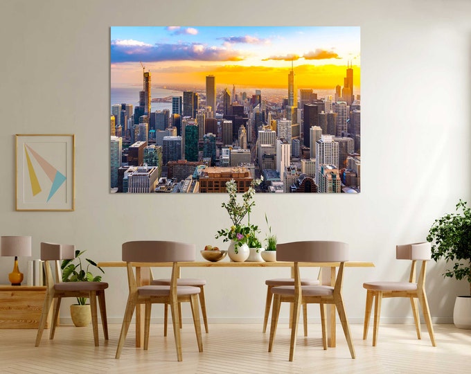 Chicago Skyline at Sunset, Extra Large Canvas Wall Art, Chicago Cityscape Photo Print on Canvas, Panoramic Skyline Decor of Chicago