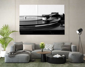 Vinyl Player in Black and White Style for Decor Wall, Classical Music Artwork for Design Decor, Vinyl Record Spinning Photo Art on Canvas