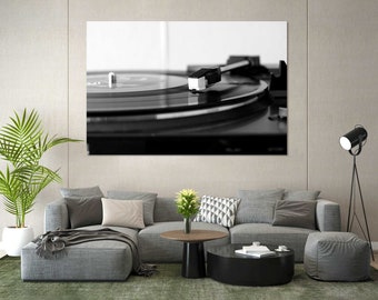 Vinyl Record Player Print – Retro Black and White Music Wall Art