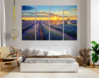 Lavender Field at Sunset Painting Art for Design Home Decor, Colorful Field Picture Print Canvas, Sky Painting on Canvas, Landscape Printing