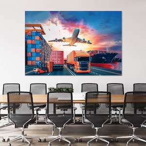 May include: A colorful image of a cargo ship, a semi-truck, a forklift, and a plane flying overhead. The scene is set against a sunset sky with clouds. The cargo ship is docked at a port and the semi-truck is driving on a road next to the ship. The forklift is loading cargo containers onto the semi-truck. The plane is flying high in the sky and is leaving a contrail behind it.