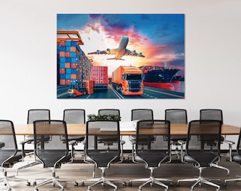 Stampa su tela "Global Logistics" - Arte murale raffigurante nave cargo, aereo e camion
