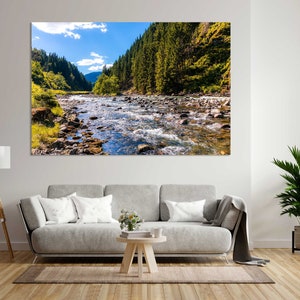 Sunny Landscape for Wall, Mountains River Painting on Canvas, Green Forest Picture Art for Wall, Mountain Landscape Printing Canvas
