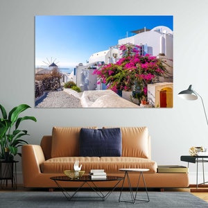 Sunny Summer Greece Print Canvas, Street on the Santorini Island Art Wall, Santorini Pictures Print on Canvas, Greece Travel Art, Greece Art