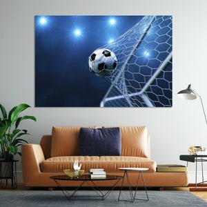 Soccer Ball in the Goal Net Modern Art for Wall, Football Ball Design Art for Office, Soccer Art for Gift, Game with Ball Print Canvas