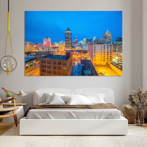 Decoração de parede com imagem do centro de Milwaukee, Milwaukee ao crepúsculo, impressão em tela, arte de parede de Milwaukee, pintura do estado de Wisconsin