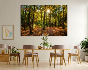 Arte murale su tela raffigurante una foresta autunnale, luce del sole attraverso gli alberi