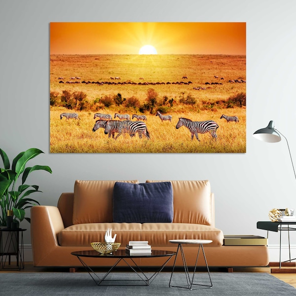 Zebra Group with Amazing Sunset in African Savannah Print Art on Canvas, Serengeti National Park Decor for Home, Wild Nature African Print