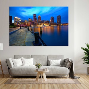 Boston Sunset Skyline at Fan Pier Modern Art for Home, Boston Printing Art on Canvas, Massachusetts Cityscape, American Town on Canvas