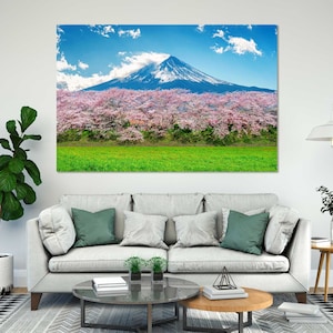 Fuji Mountain and Cherry Blossom in Spring Japan Painting Art for Interior, Fuji Mount Print Canvas, Sunny Landscape Painting Wall Art