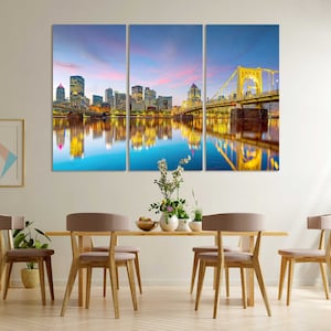 Wieczorny Pittsburgh Stylowa dekoracja do wnętrza, Pittsburgh Wydruk na płótnie, Pittsburgh Krajobraz miejski, Obraz stanu Pensylwania do dekoracji