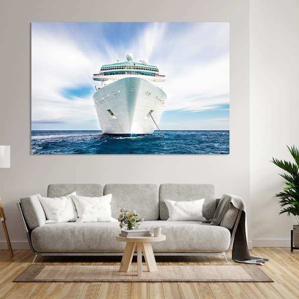 Weißes Kreuzfahrtschiff im Meer Bilder Druck, Kreuzfahrtschiff Malerei Kunst auf Leinwand, Reisekunst für Wand, Schiff moderne Kunstwerk, Kreuzfahrt Kunst für Geschenk