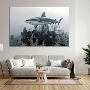 Tela com estampa de tubarão para decoração de casa, pintura grande de tubarão para parede, decoração com foto de tubarão, arte subaquática, impressão de vida marinha