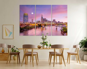 Evening Nashville City with Full Moon Art for Wall, Nashville Home Decor, Tennessee State Print Canvas, Nashville Skyline Painting