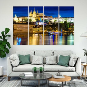 Cityscape of Prague with Castle and Charles Bridge at Night on Canvas, Prague Wall Art, Praga Home Decoration, Czech Republic Print Canvas