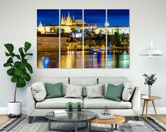 Cityscape of Prague with Castle and Charles Bridge at Night on Canvas, Prague Wall Art, Praga Home Decoration, Czech Republic Print Canvas