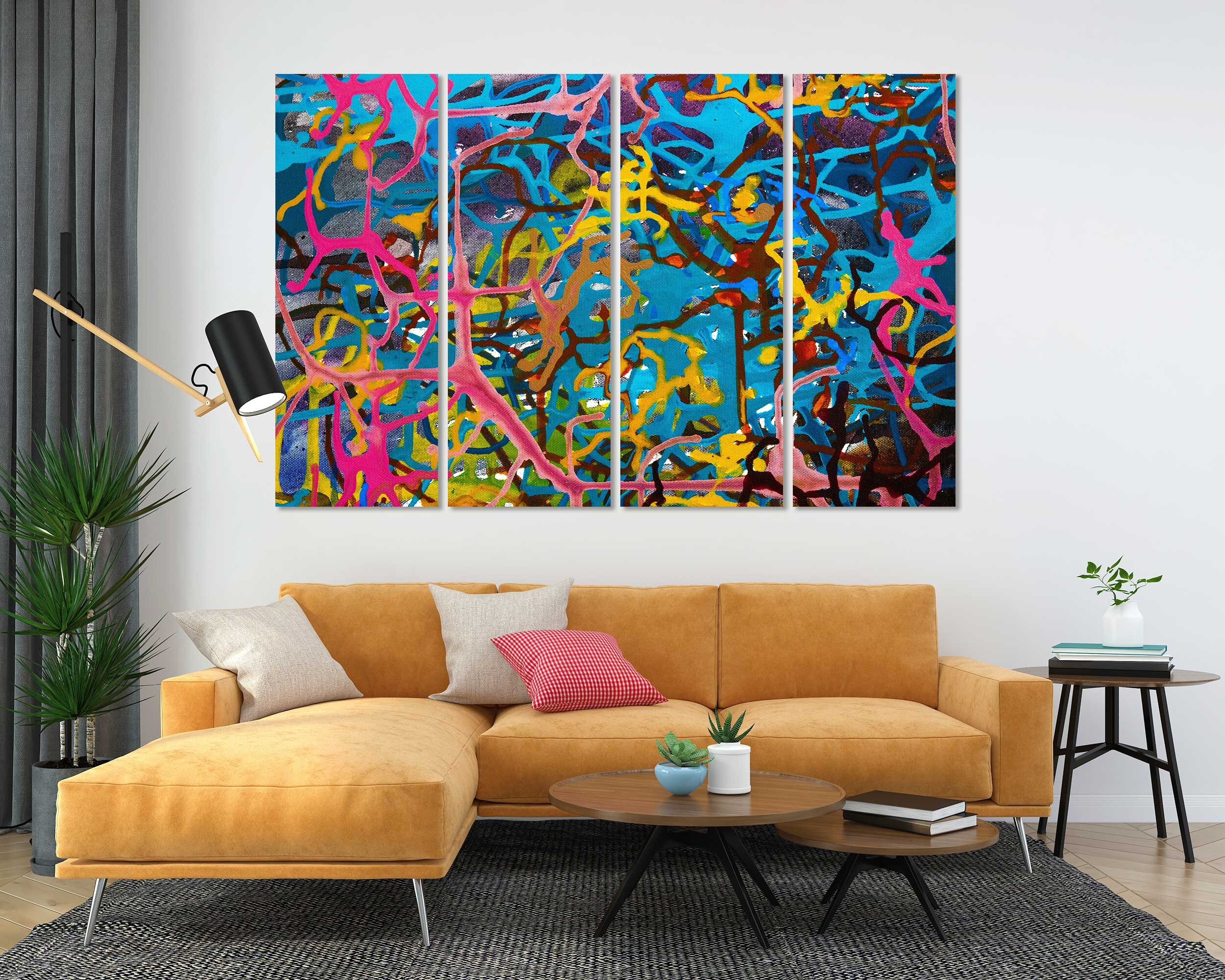 アクリル画　インテリア　現代アート キャンバスに描かれたカラフルなアクリル絵の具の飛沫、家のための