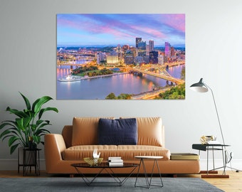 Pittsburgh at Evening Modern Print Art on Canvas, Pittsburgh in Night Lights Photo Painting Art, Bridge in Pittsburgh Home Decor
