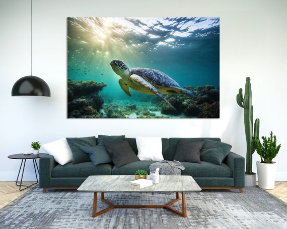 Green Sea Turtle Underwater Painting Decor for Bathroom, Turtle