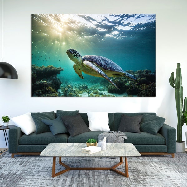 Green Sea Turtle Underwater Painting Decor for Bathroom, Turtle Print Canvas Decor, Sea Turtle Large Decor for Home, Underwater Animals Art