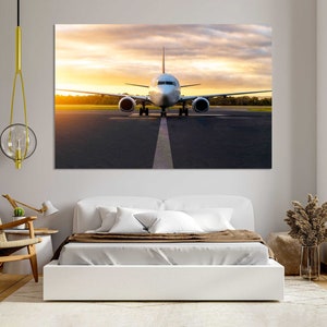Airplane on the Runway at Sunset, Airport Print, Aircraft Painting Decor, Passenger Plane Print Canvas Sets, Large Decor with Airplane