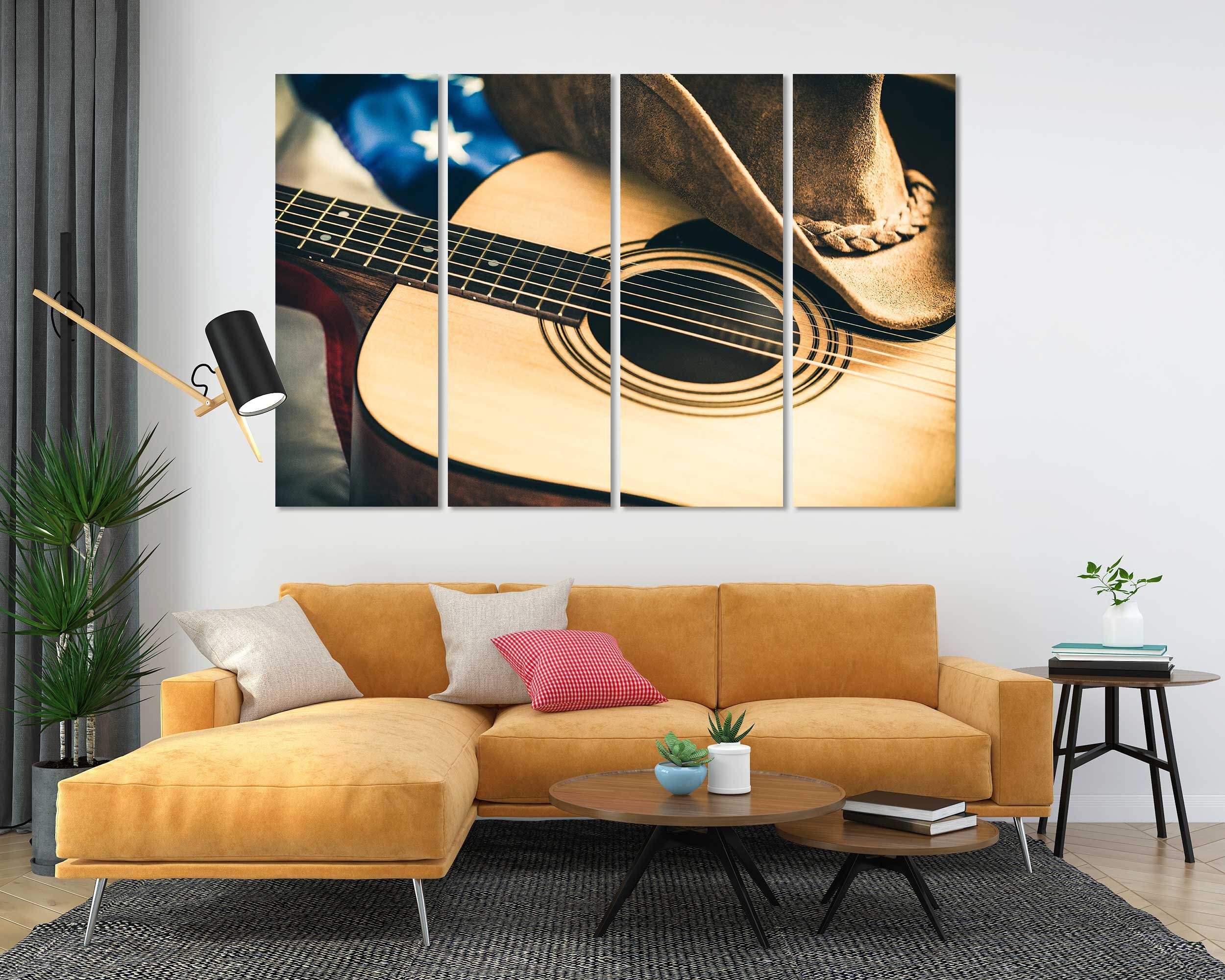 Acoustic Guitar Canvas Art, Cowboy Hat, American Flag Decor - Etsy