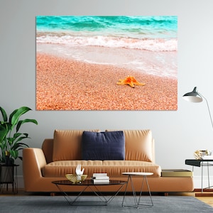 Sonniger Strand mit Seesternen am Ufer, Strand Dekor, Küstendesign Wandkunst, Maritim Kunstwerk, Strand Großdrucke, Strand Leinwände, Strand Geschenk