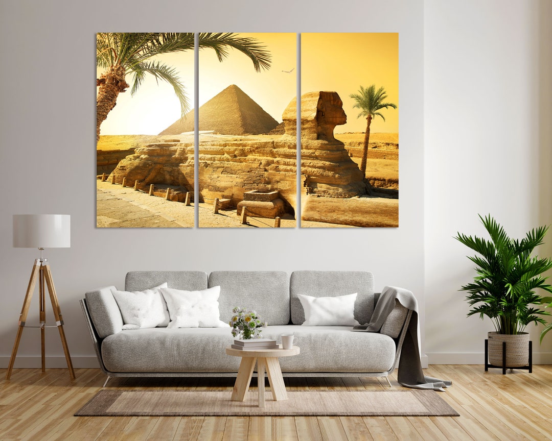 Palms Near Sphinx and Pyramid in Egyptian Desert Print on Canvas, Egypt ...