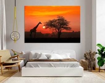 African Wall Art Safari Sunset Giraffe Canvas Print for Home Decor