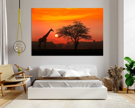 Red Sunset with Silhouette African Acacia Tree and a Giraffe Stylish Art Print for Home Decor, Safari Animal Print Canvas, Giraffe Wall Art