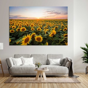 Big Field of Blooming Sunflowers Against Setting Sun Artwork for Home, Sunflowers Field Print Canvas, Sunflowers Painting for Wall