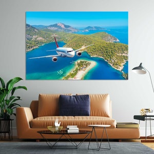 Airplane is Flying Sea Photo Print on Canvas, Passenger Plane Print Canvas, Aircraft Modern Decor, Airplane Art Gift for Pilot, Aviation Art