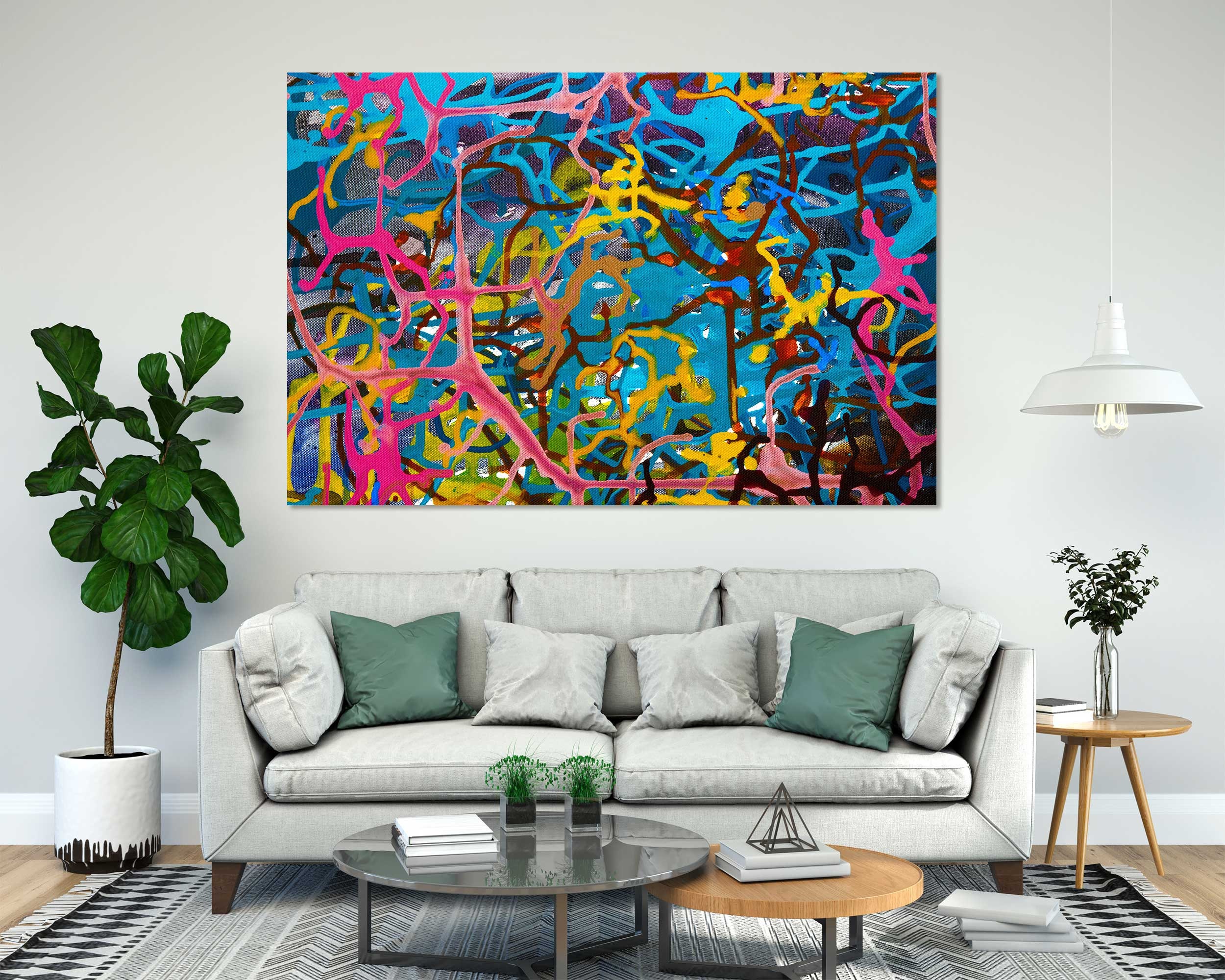 キャンバスに描かれたカラフルなアクリル絵の具の飛沫、家のための