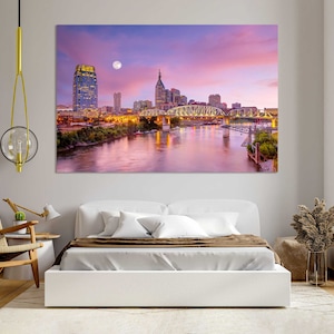 Evening Nashville City with Full Moon Art for Wall, Nashville Home Decor, Tennessee State Print Canvas, Nashville Skyline Painting
