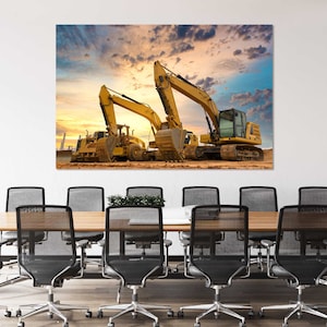 Excavators at Construction Site Office Wall Decor, Business Artwork for Wall, Big Excavators Print on Canvas, Construction Machinery Picture