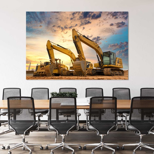 Excavators at Construction Site Office Wall Decor, Business Artwork for Wall, Big Excavators Print on Canvas, Construction Machinery Picture