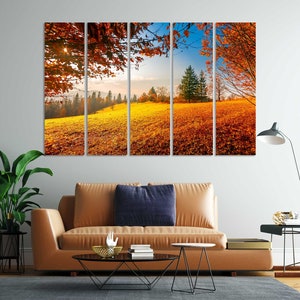 Colorful Autumn Landscape Painting Art on Canvas, Gold Autumn Print on Canvas, Nature Artwork for Home, Autumn Original Decor for Home